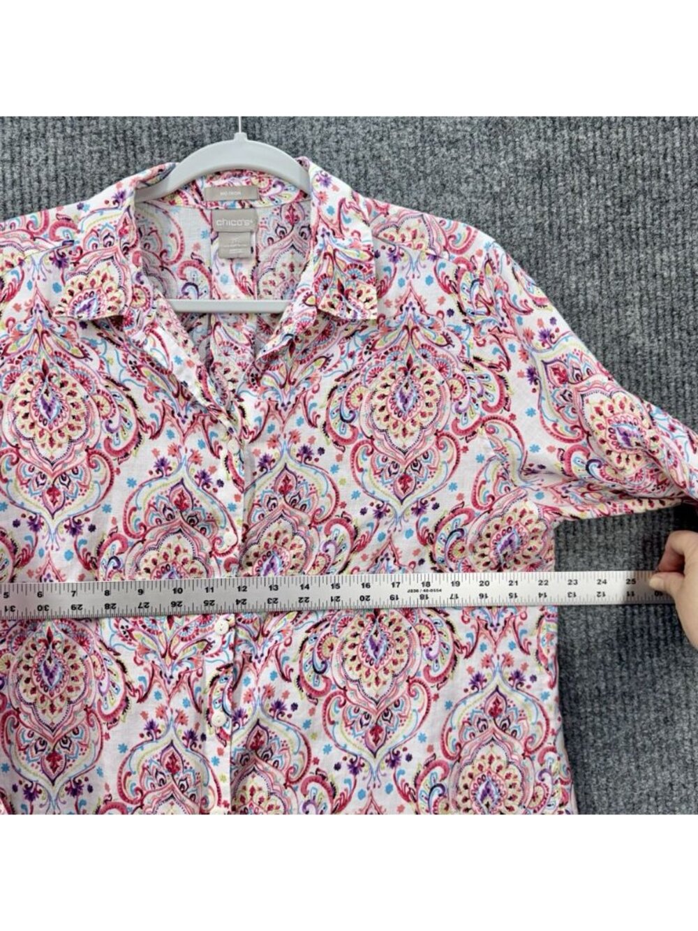 Chicos Linen No Iron Top Size 2P/LP Pink Damask Paisley Button Front 3/4 Sleeve - Picture 9 of 10